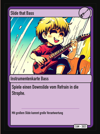 Spielkarte im Mange-Stile, mit einem Gitarrist und einer Aufgabe