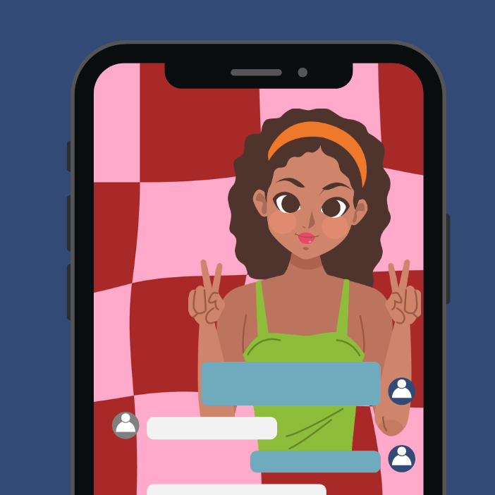 Smartphone-Illustration mit einem Live-Stream einer lächelnden jungen Frau vor einem rot-pinken Karomuster. Sie macht Friedenszeichen mit beiden Händen. Chat-Blasen und Benutzer-Symbole sind am unteren Rand des Bildschirms sichtbar.